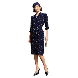 Vintage Handmade 60s 2 Piece Navy Cream Print Dress & Peplum Blazer Size M